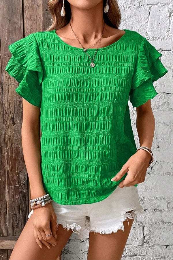 Textured Ruffled Sleeve Round Neck Top - Trendsi - Flyclothing LLC