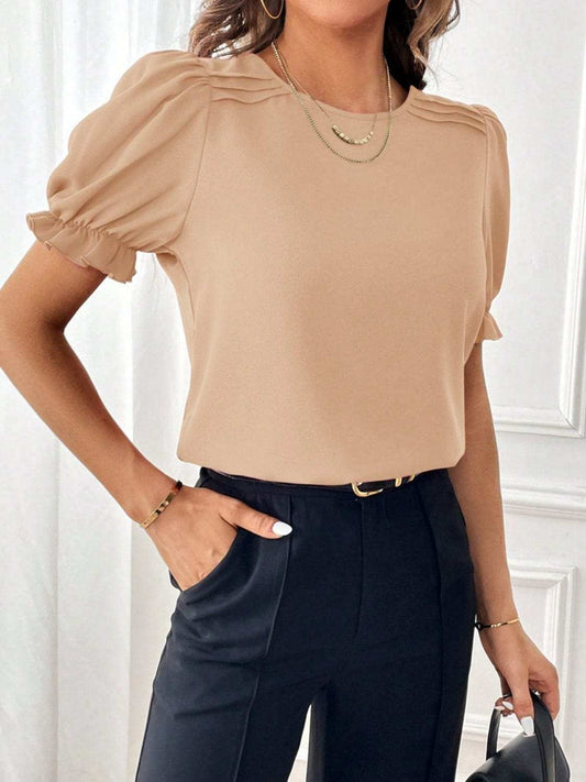 Round Neck Flounce Sleeve Blouse - Trendsi - Flyclothing LLC