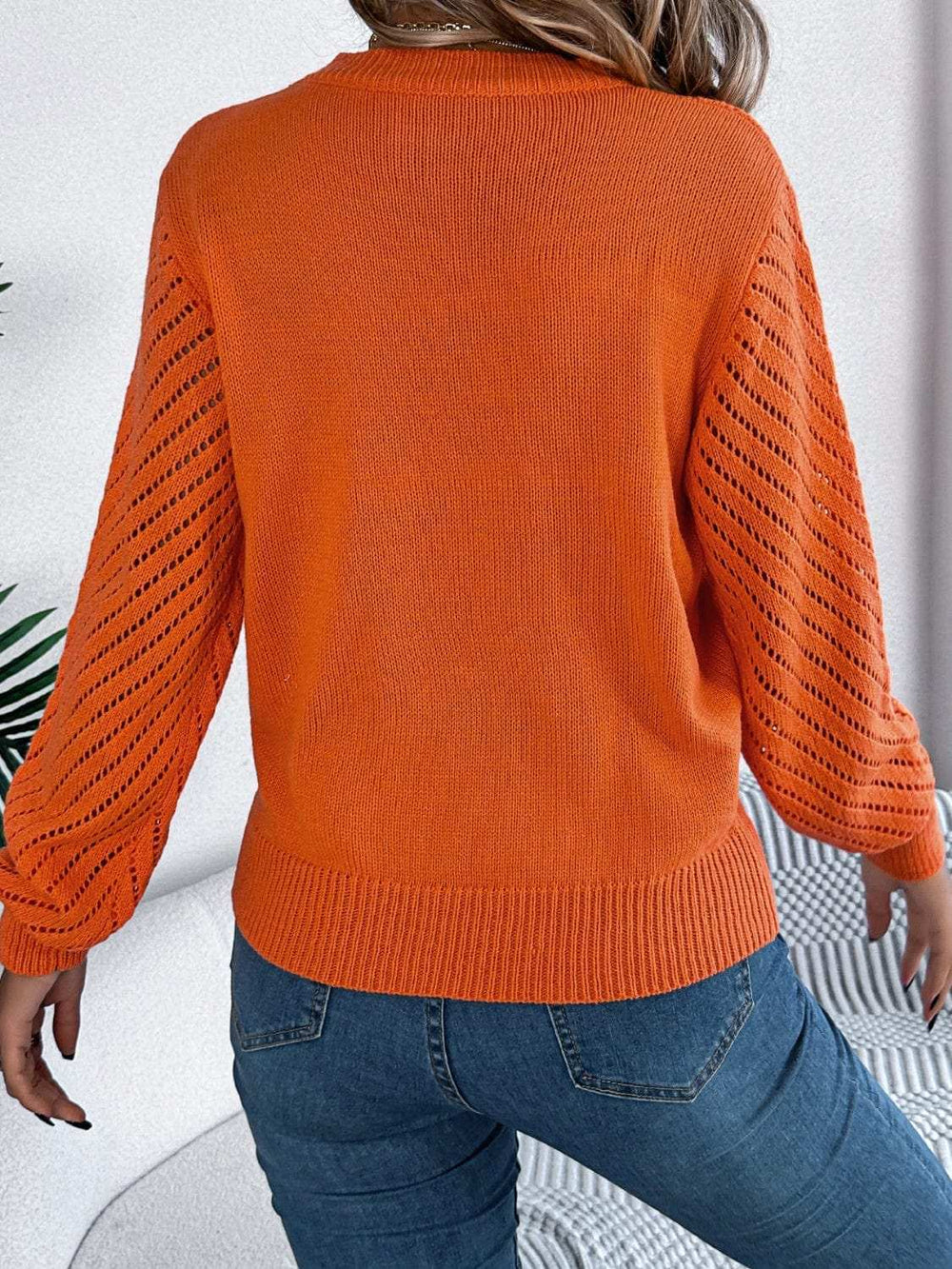 Openwork Round Neck Long Sleeve Knit Top - Trendsi - Flyclothing LLC
