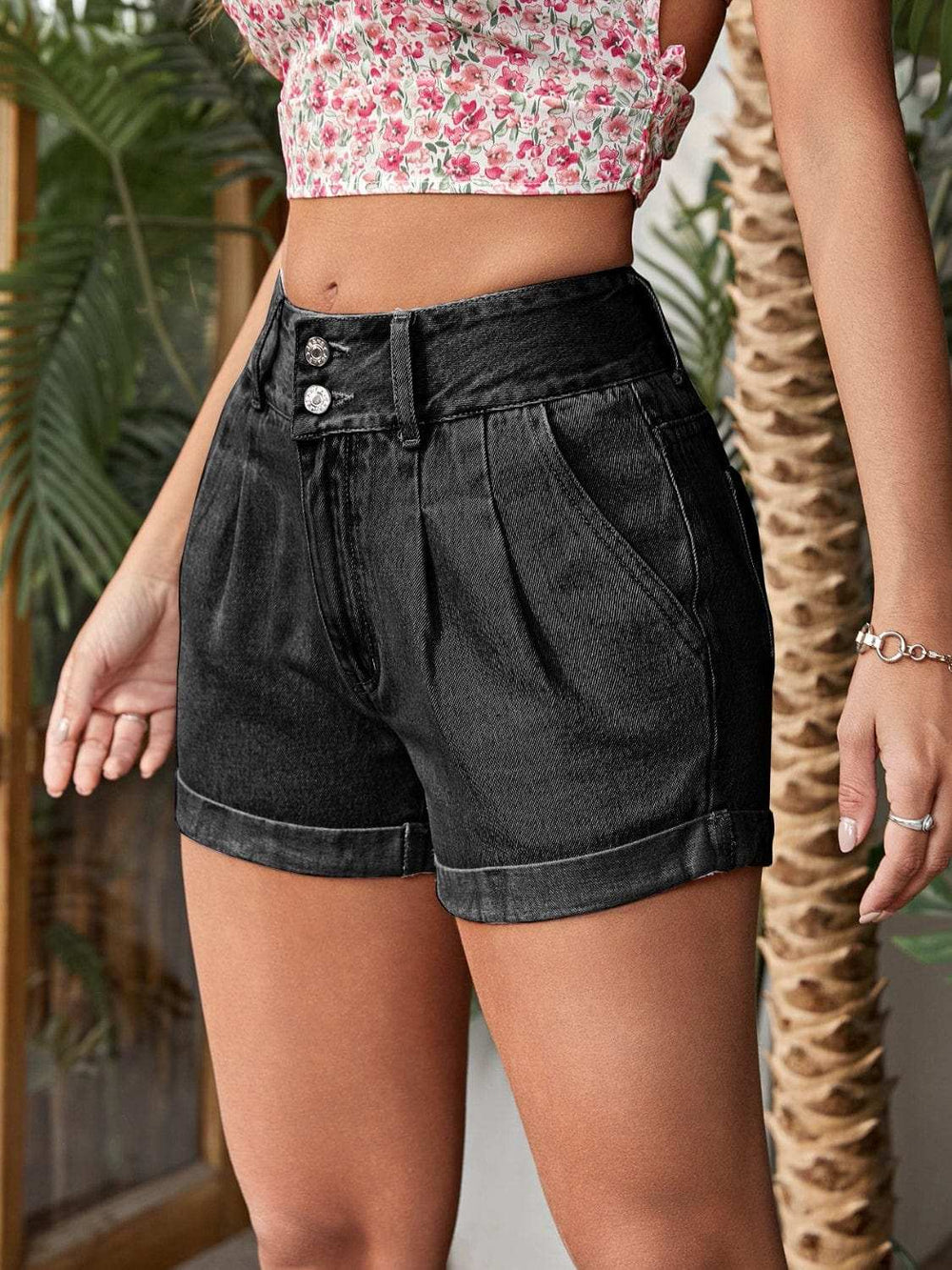 Pleated Detail High Rise Denim Shorts - Trendsi - Flyclothing LLC