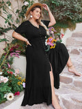 Plus Size Ruffled Hem Button Down V-Neck Short Sleeve Maxi Dress - Trendsi - Flyclothing LLC