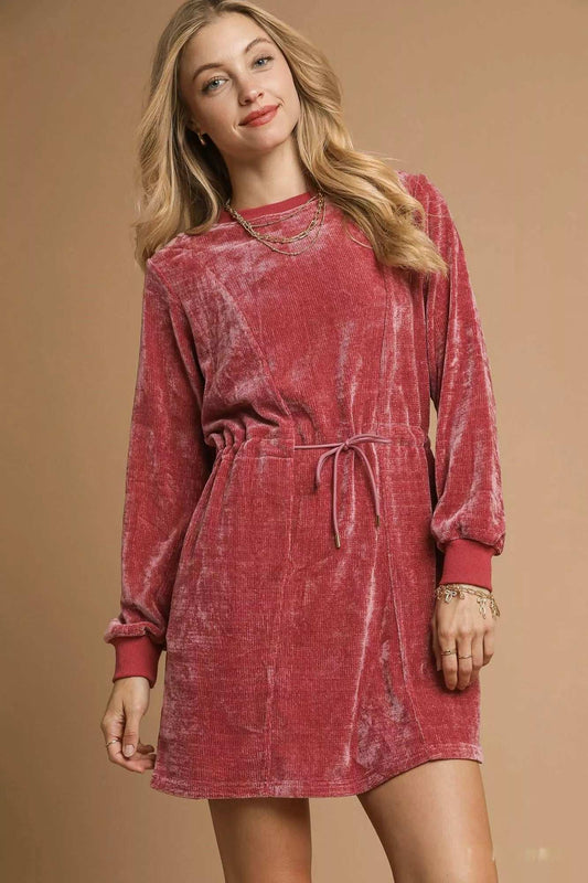 Umgee Velour Drawstring Mini Dress with Long Sleeves - Trendsi - Flyclothing LLC