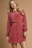 Umgee Velour Drawstring Mini Dress with Long Sleeves - Trendsi - Flyclothing LLC