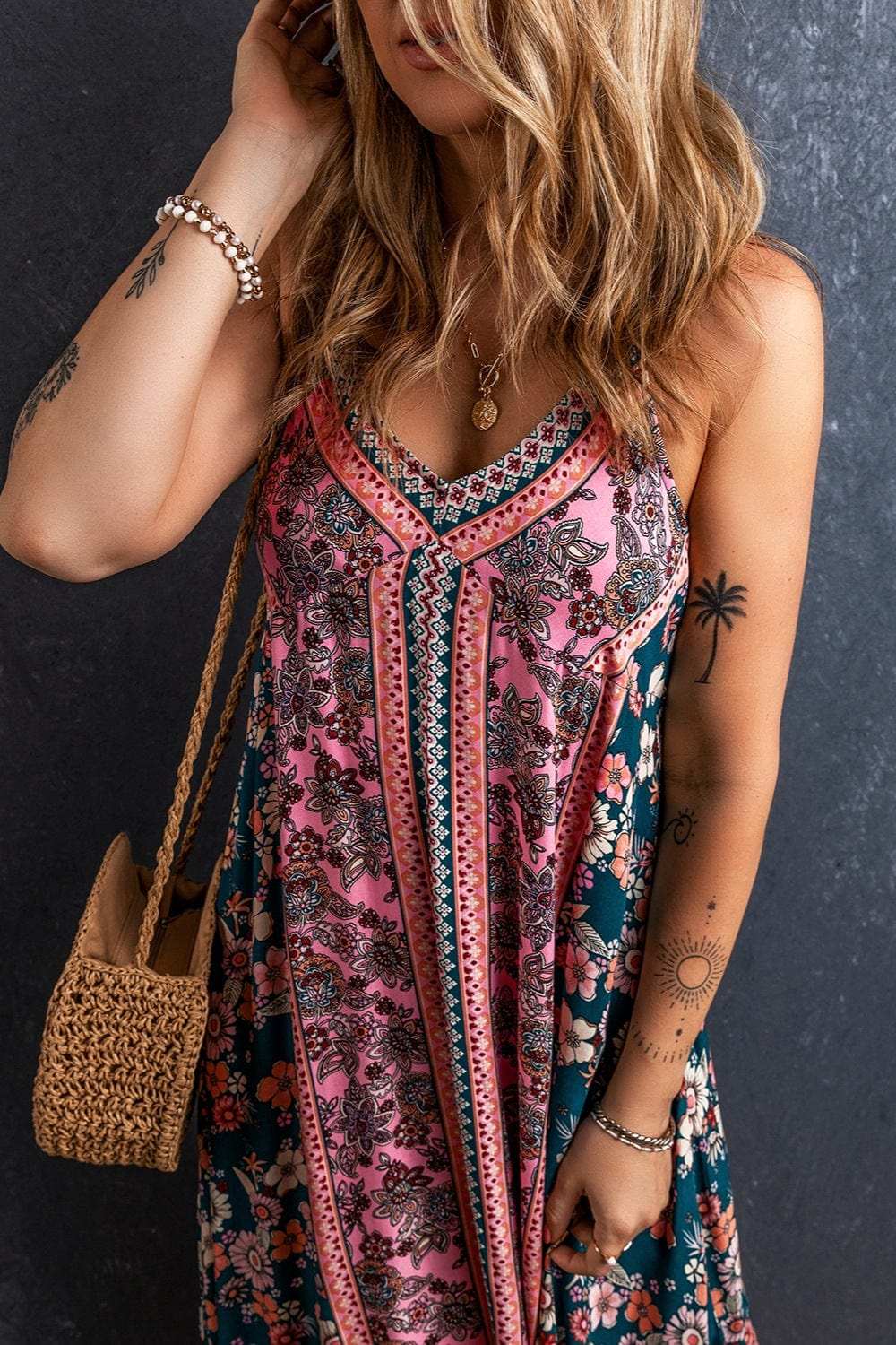 Printed V-Neck Midi Cami Dress - Trendsi - Flyclothing LLC