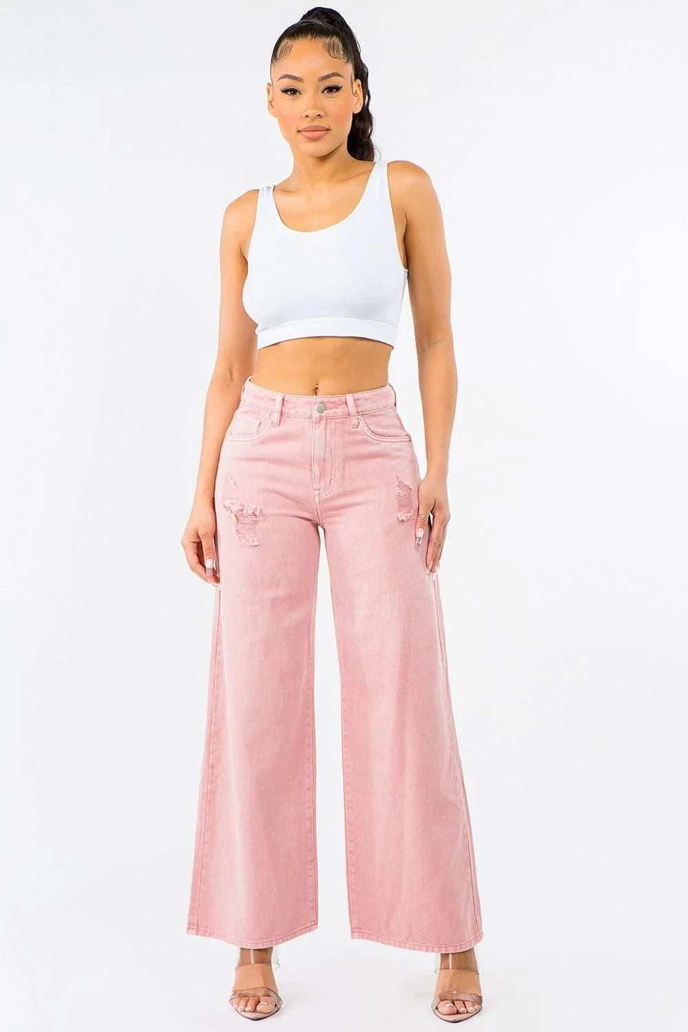 American Bazi High Waist Distressed Wide Leg Jeans - Trendsi - Flyclothing LLC