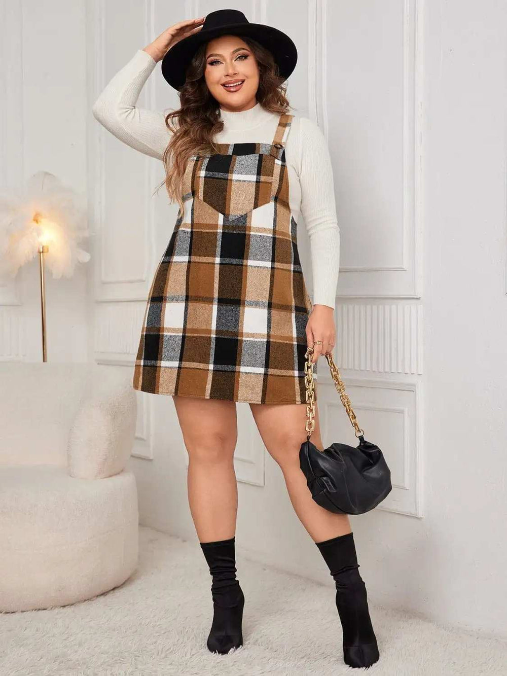 Plus Size Plaid Wide Strap Overall Dress - Trendsi - Flyclothing LLC