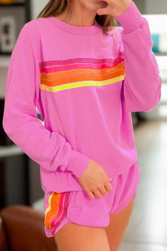 Full Size Contrast Striped Round Neck Top and Shorts Set - Trendsi - Flyclothing LLC