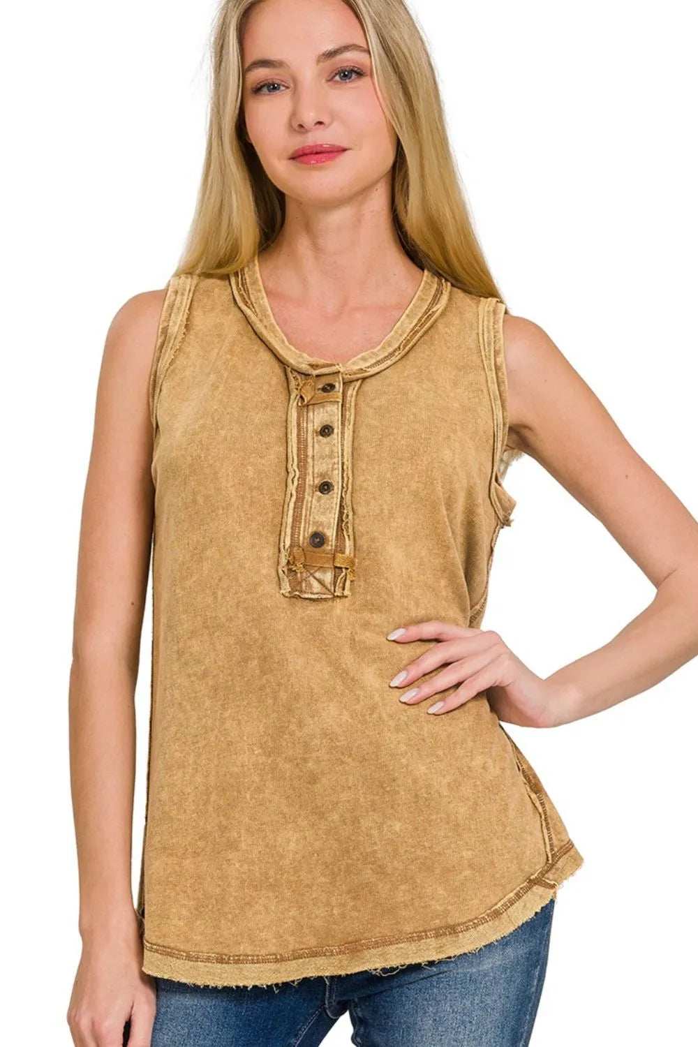 Zenana Washed Half-button Raw Edge Sleeveless Henley Top - Trendsi - Flyclothing LLC