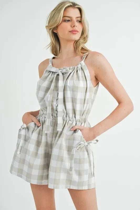 MABLE Plaid Sleeveless Button Down Romper - Trendsi - Flyclothing LLC