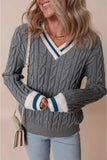 Cable-Knit V-Neck Long Sleeve Sweater - Trendsi - Flyclothing LLC