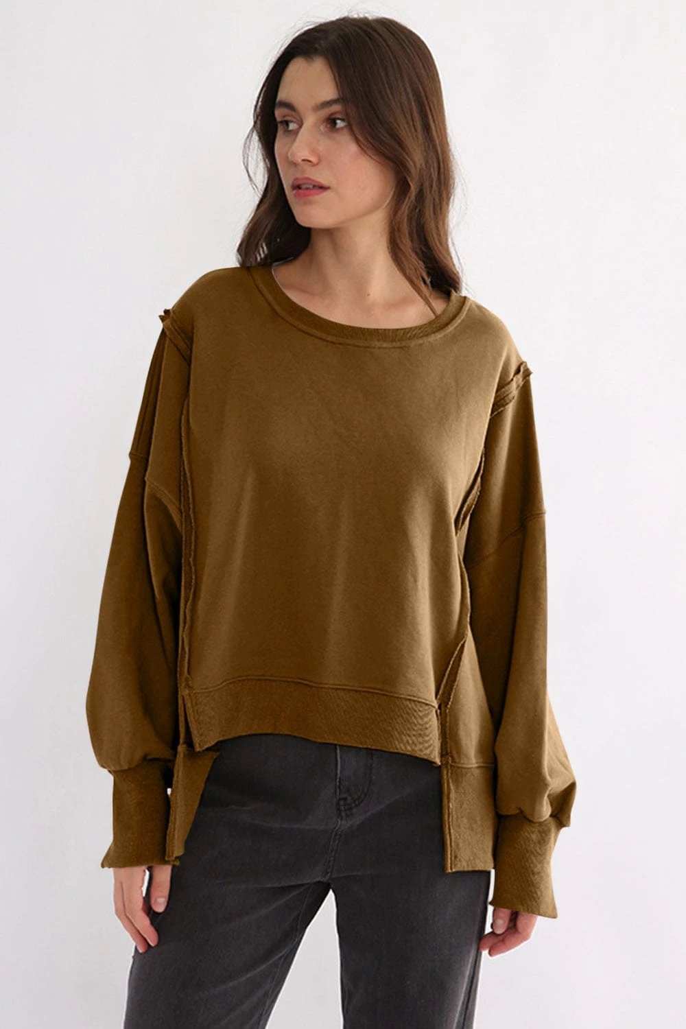 Exposed Seam High-Low Long Sleeve Sweatshirt - Trendsi - Flyclothing LLC