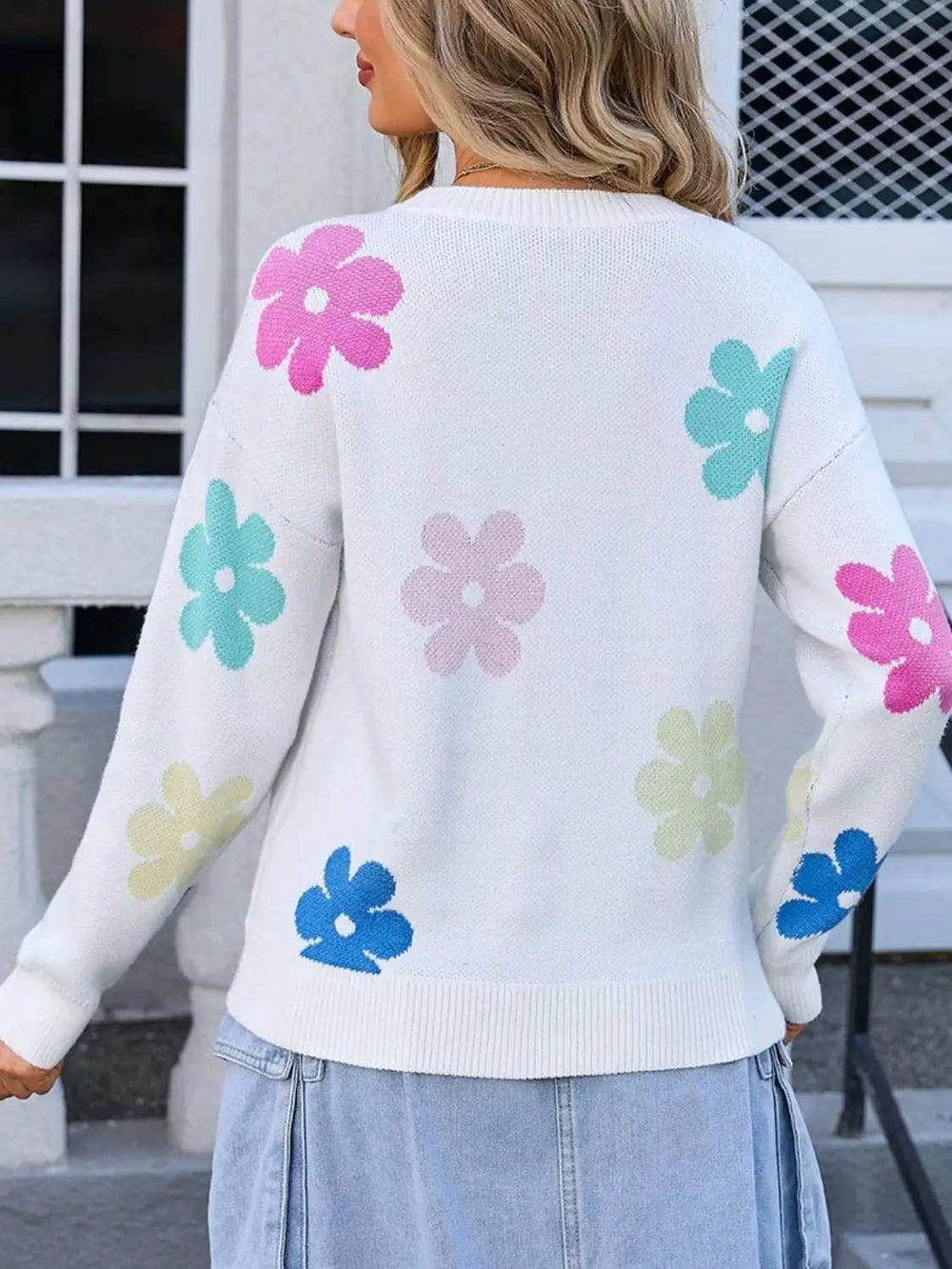 Flower Round Neck Long Sleeve Sweater - Trendsi - Flyclothing LLC