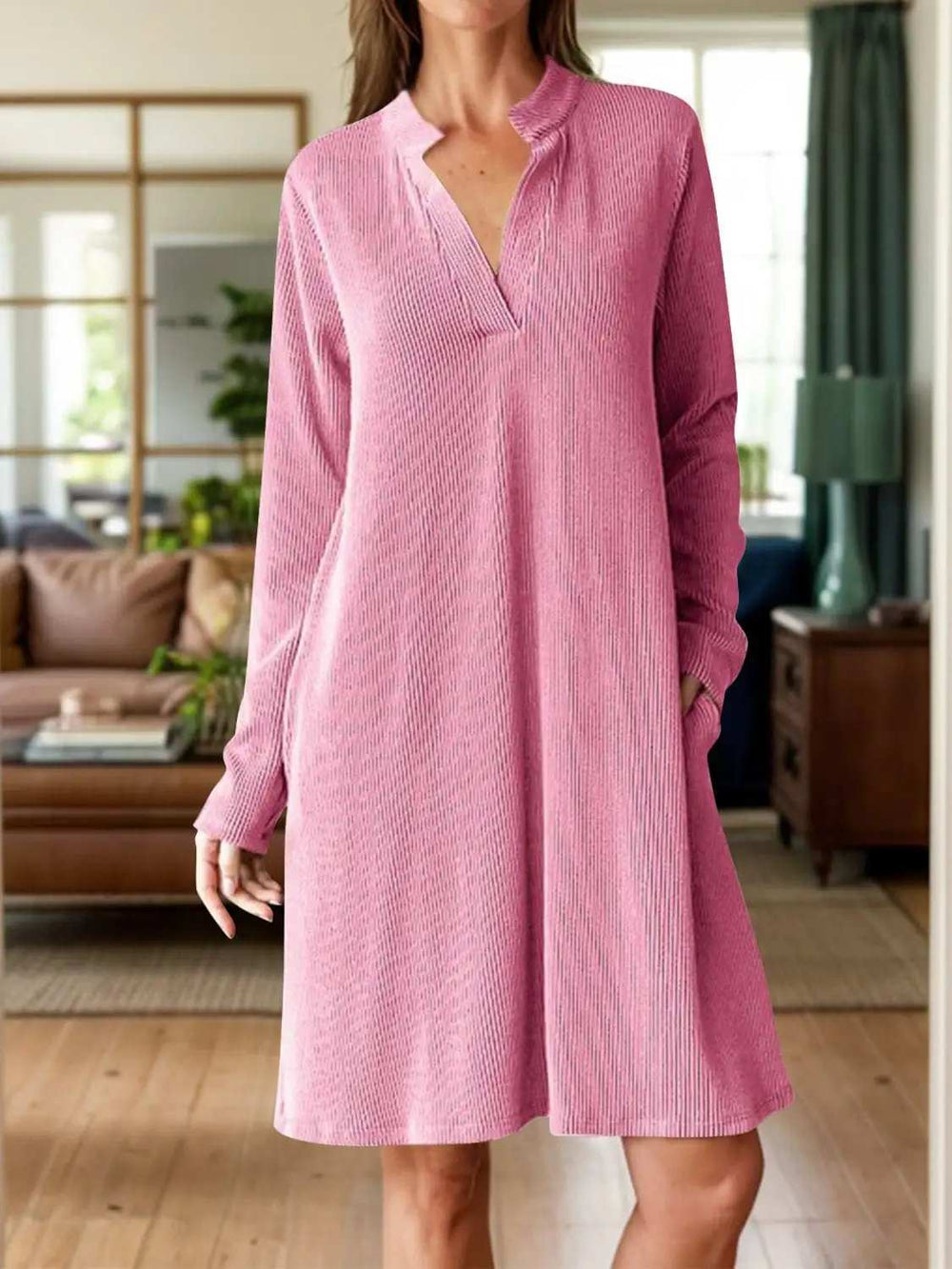 Notched Long Sleeve Mini Dress with Pockets - Trendsi - Flyclothing LLC