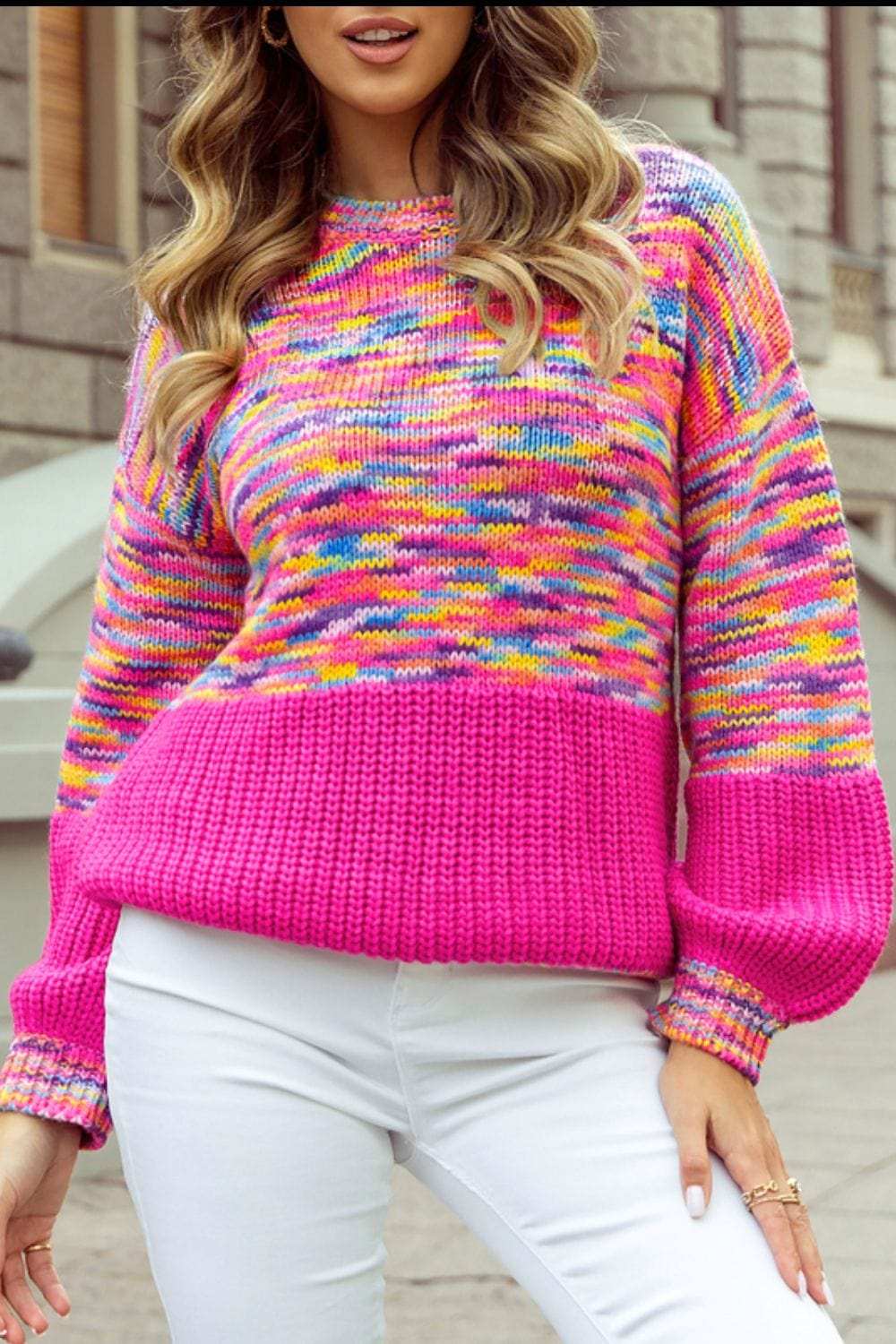 Rainbow Confetti Drop Shoulder Sweater - Trendsi - Flyclothing LLC