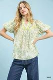 Umgee Damask Puff Sleeve Top - Trendsi - Flyclothing LLC