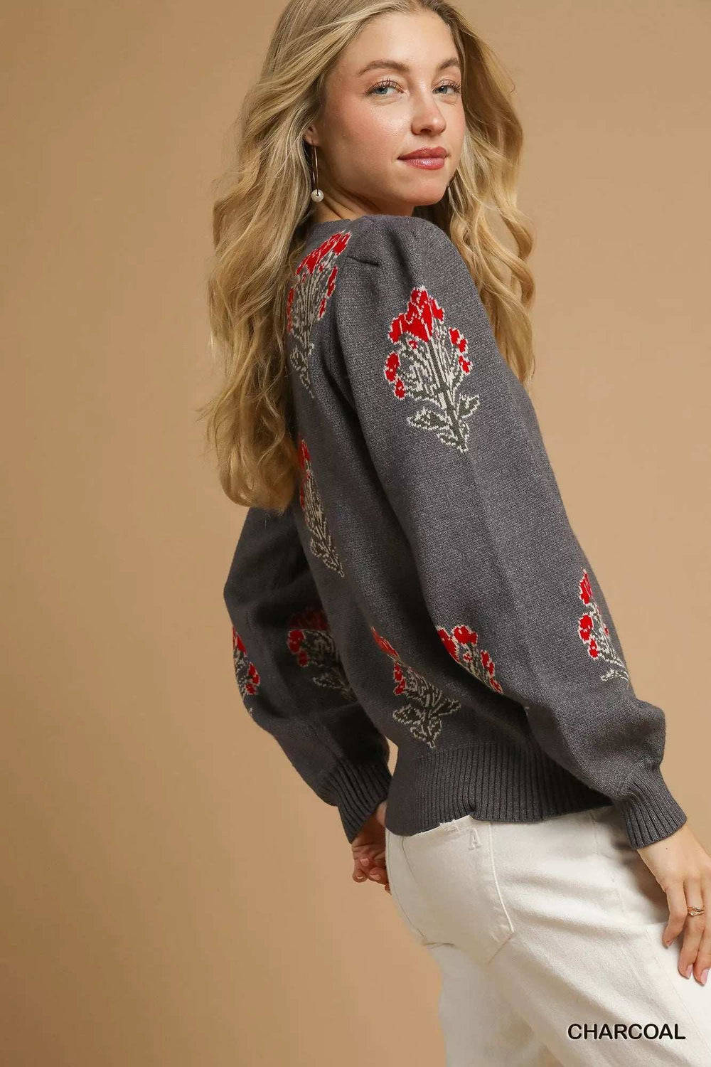 Umgee Single Flower Stem Jacquard Sweater - Trendsi - Flyclothing LLC