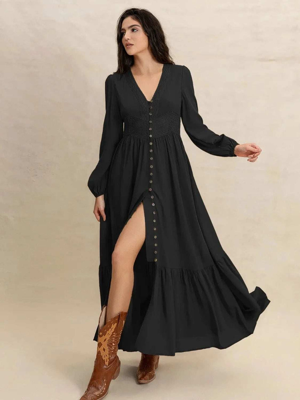 V-Neck Long Sleeve Dress - Trendsi - Flyclothing LLC