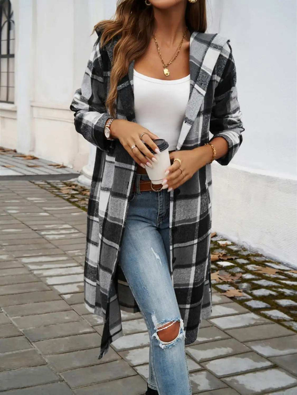 Plaid Long Sleeve Hooded Coat - Trendsi - Flyclothing LLC