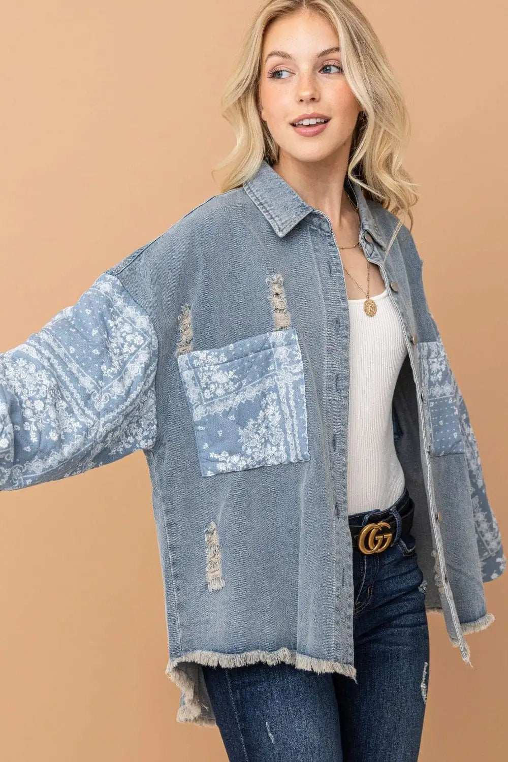 And The Why Full Size Paisley Print Quilted Sleeves Denim Jacket - Trendsi - Flyclothing LLC