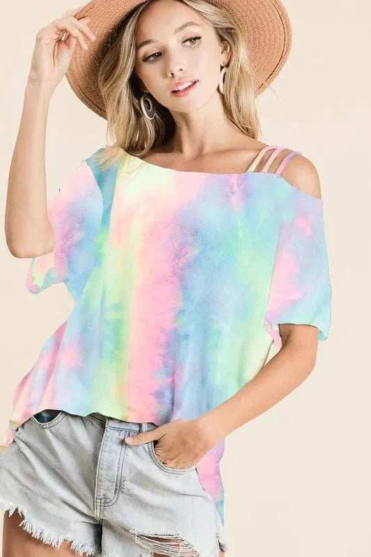 BiBi Tie Dye French Terry Strapped One Shoulder Top - Trendsi - Flyclothing LLC