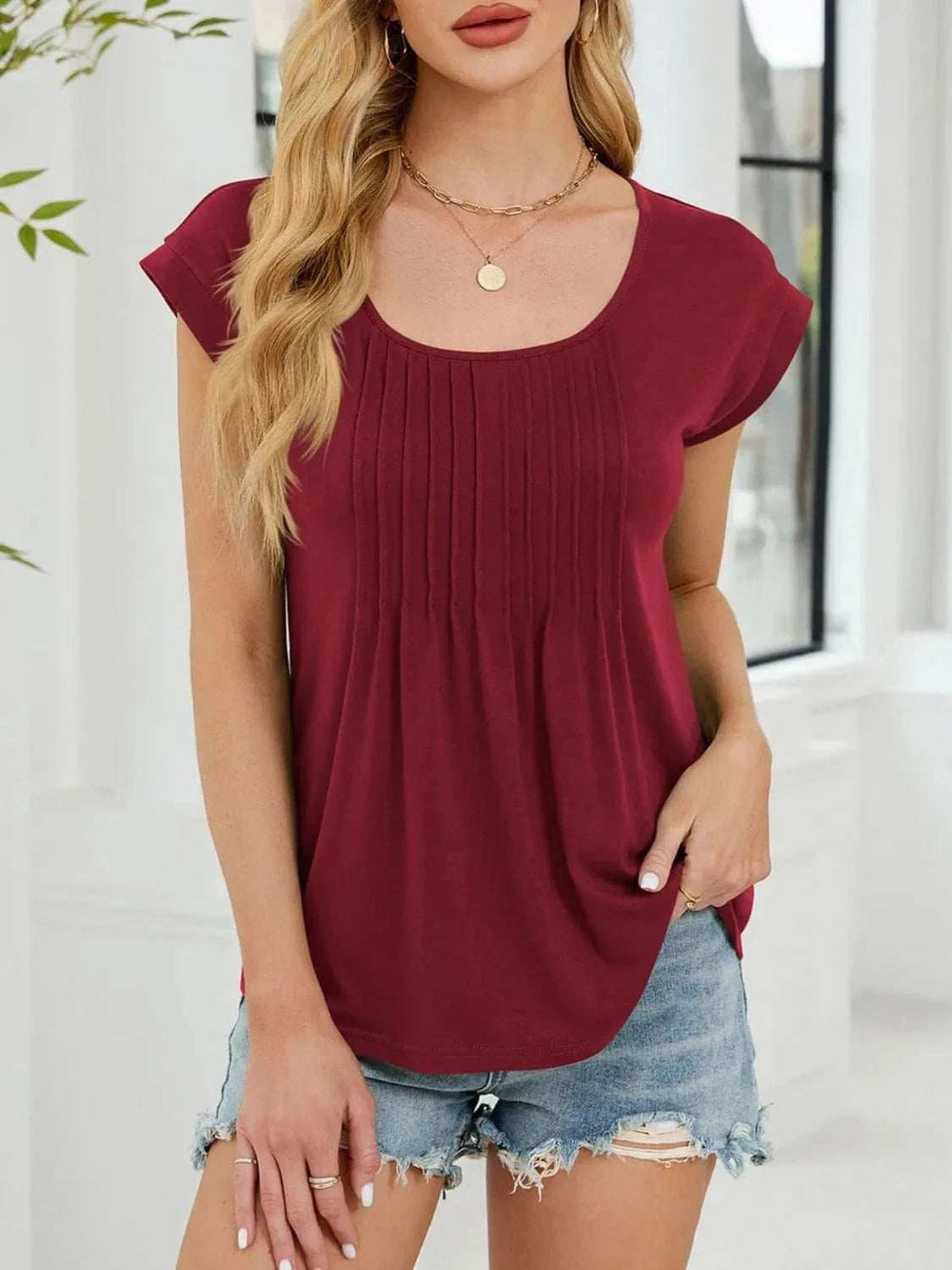 Pleated Front Scoop Neck T-Shirt - Trendsi - Flyclothing LLC