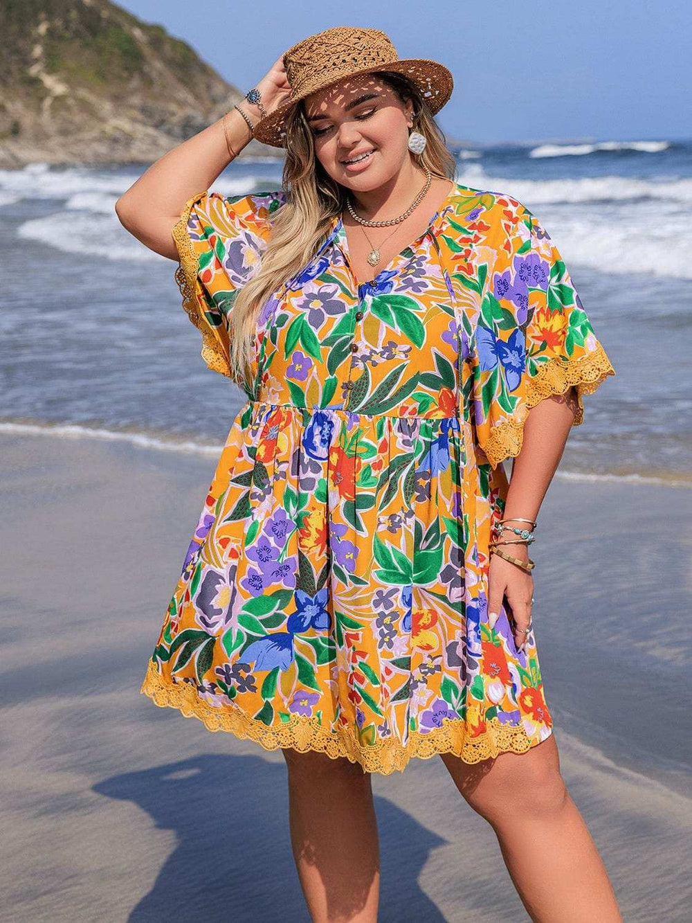 Plus Size Lace Detail Printed Tie Neck Half Sleeve Dress - Trendsi - Flyclothing LLC