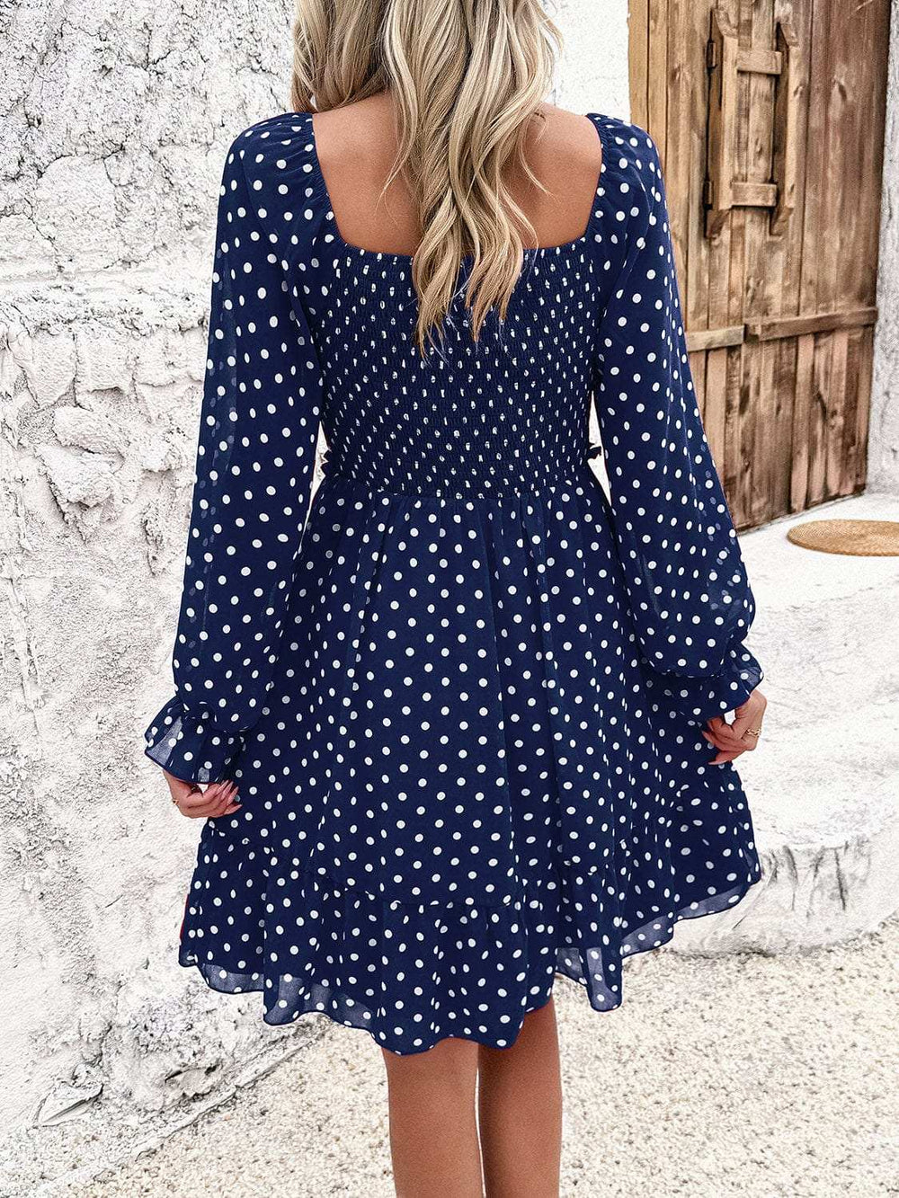 Smocked Polka Dot Long Sleeve Dress - Trendsi - Flyclothing LLC