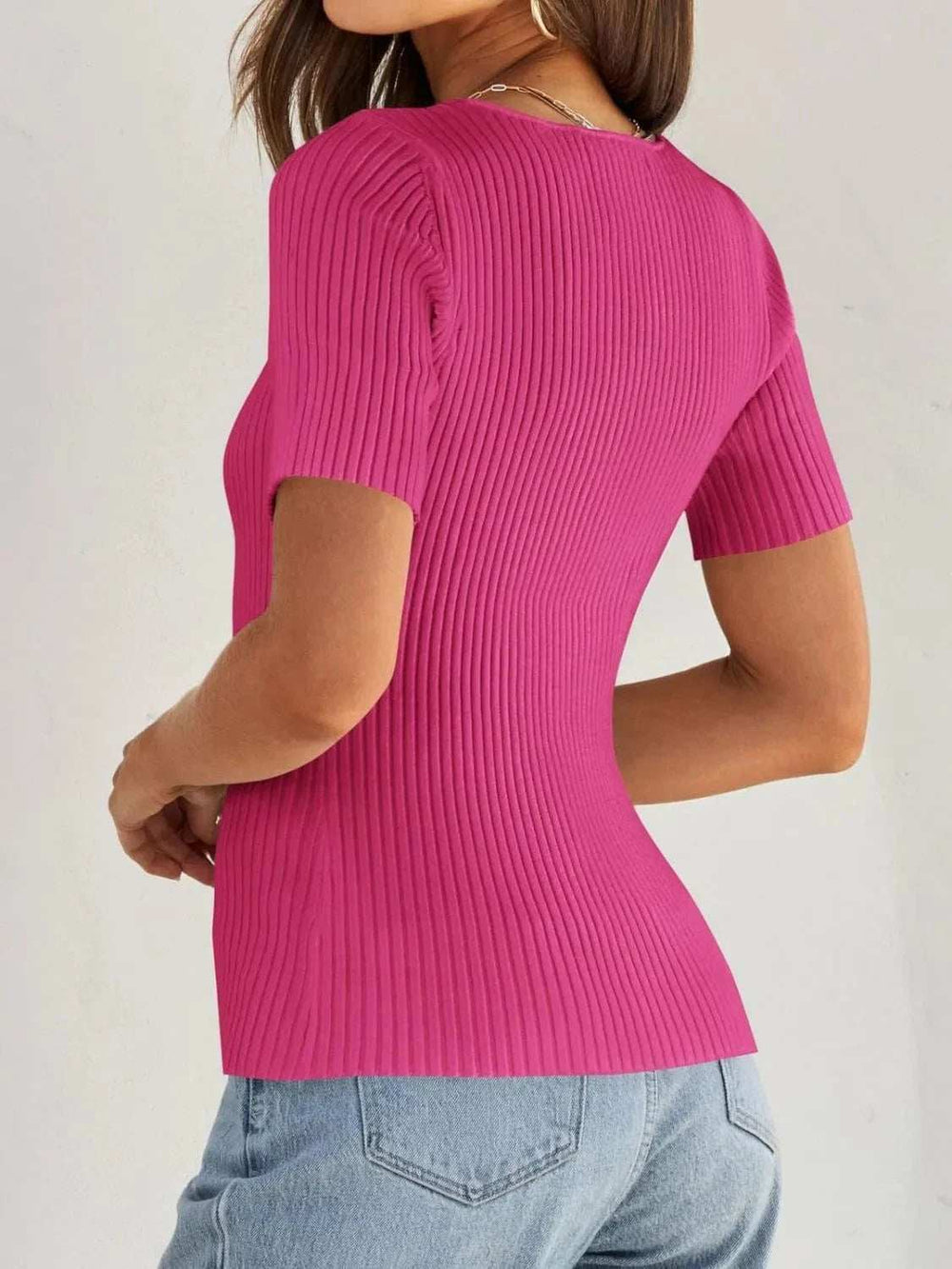 Ribbed Square Neck Short Sleeve Knit Top - Trendsi - Flyclothing LLC