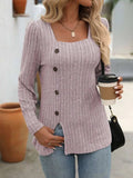Decorative Button Striped Square Neck Long Sleeve T-Shirt - Trendsi - Flyclothing LLC