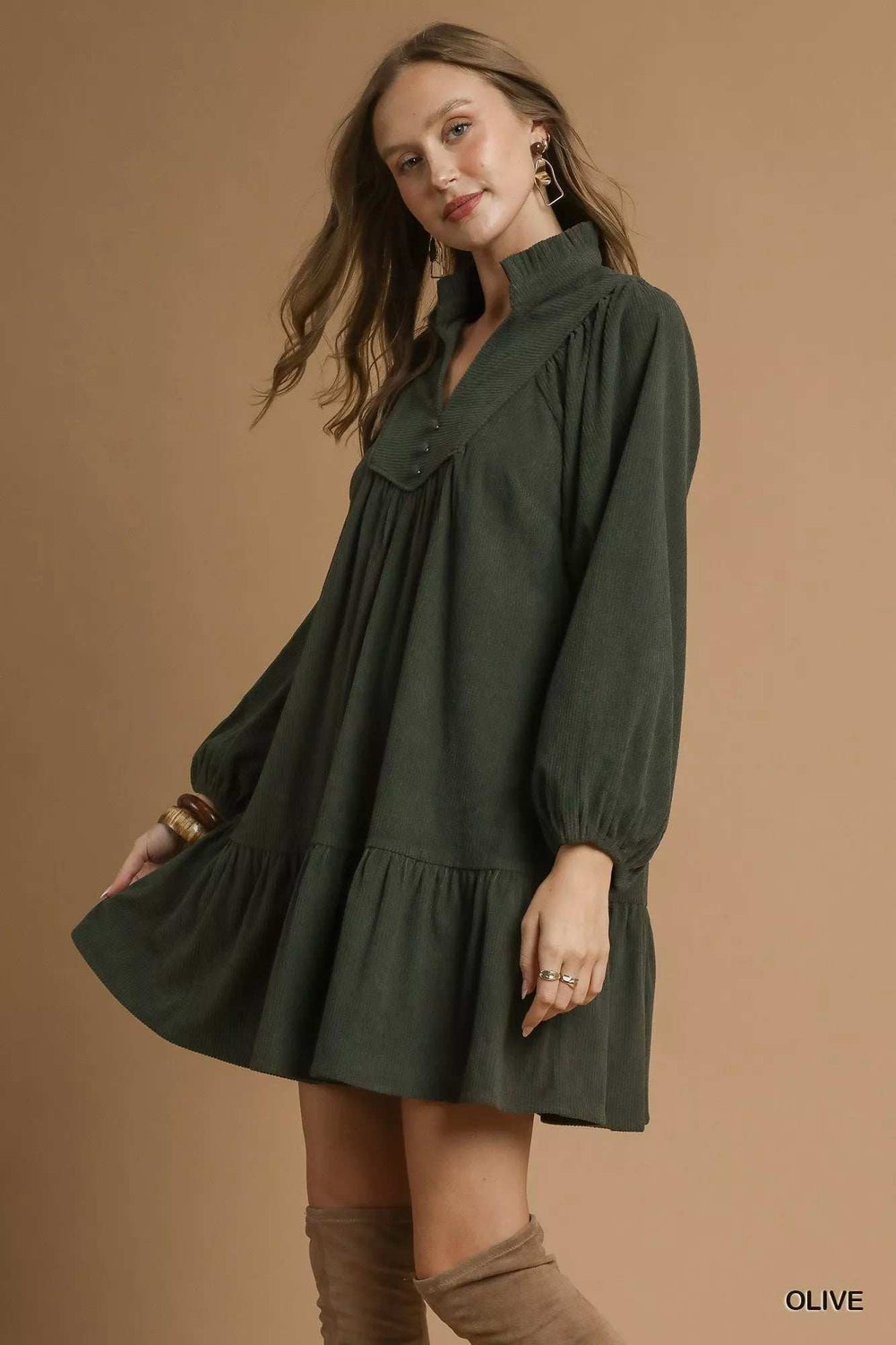 Umgee Corduroy Tiered Babydoll Dress - Trendsi - Flyclothing LLC