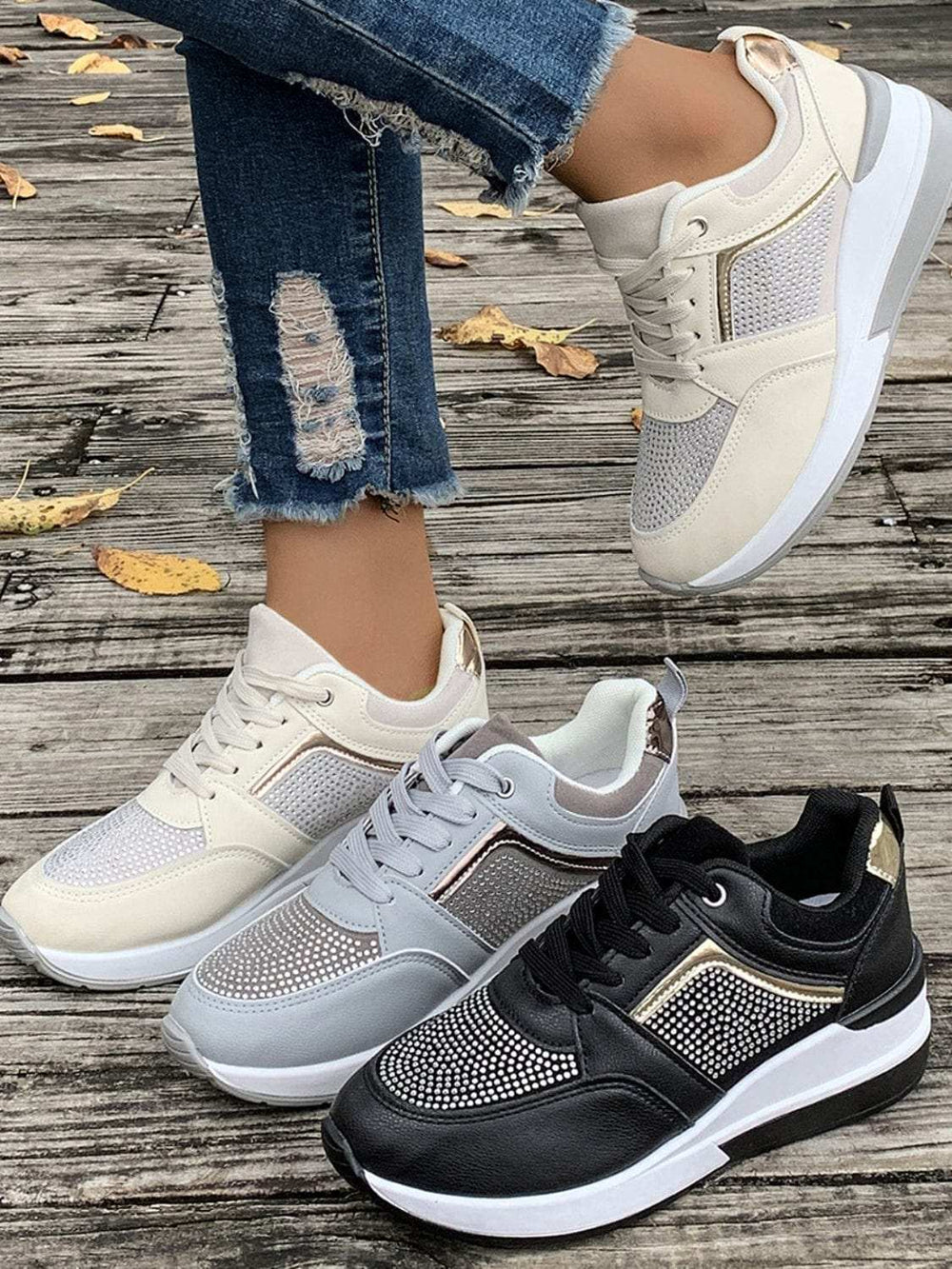 Lace-Up Rhinestone Wedge Sneakers - Trendsi - Flyclothing LLC