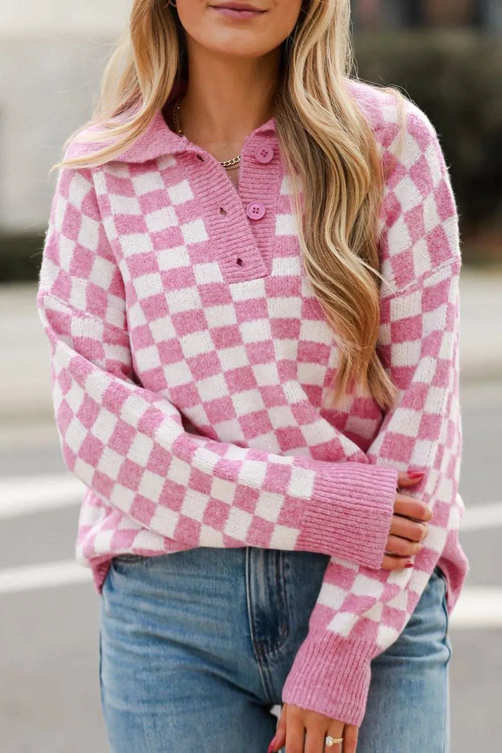 Checkered Collared Neck Long Sleeve Sweater - Trendsi - Flyclothing LLC