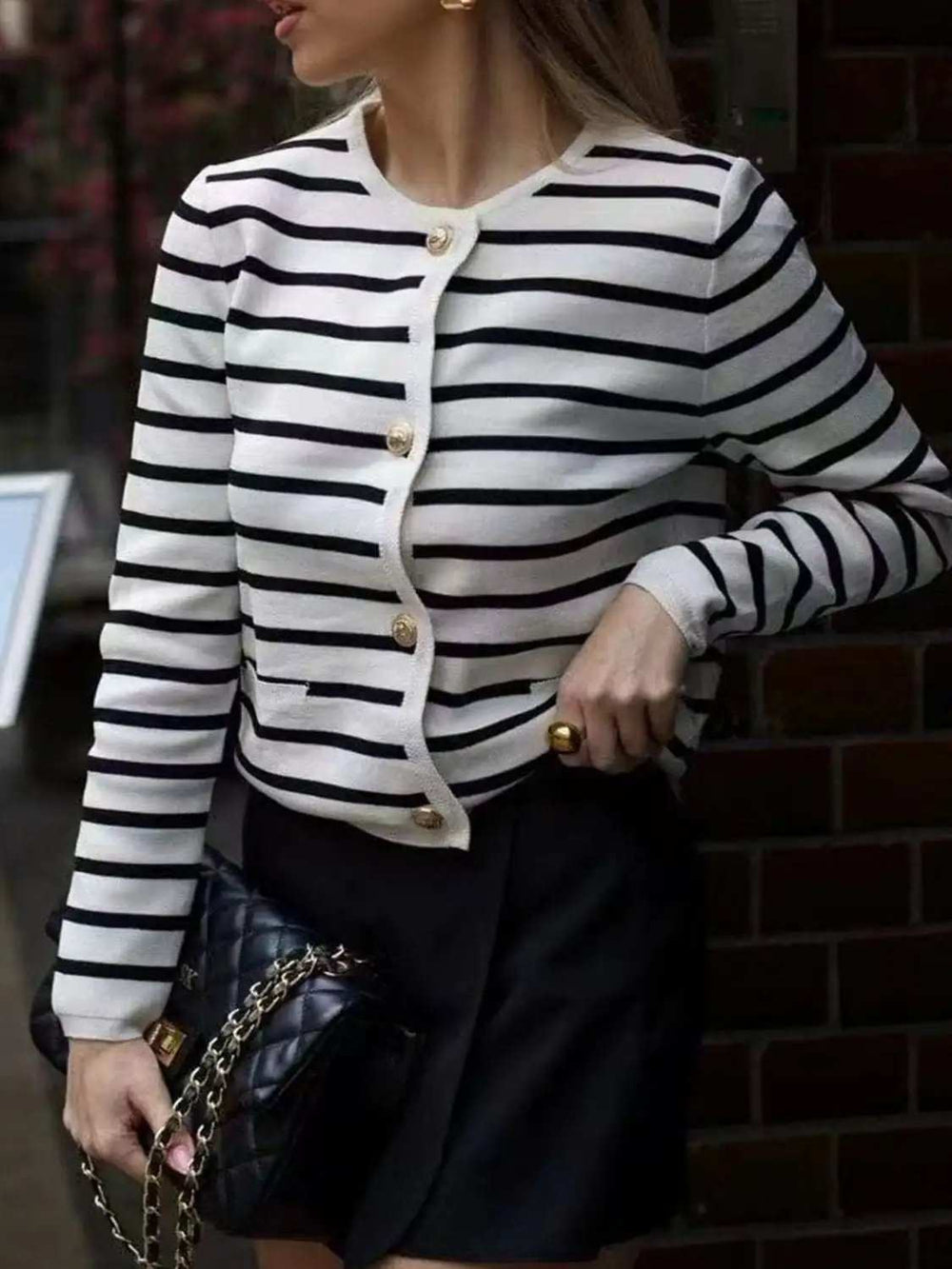 Striped Button Down Long Sleeve Cardigan - Trendsi - Flyclothing LLC