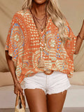 Printed V-Neck Half Sleeve Top - Trendsi - Flyclothing LLC