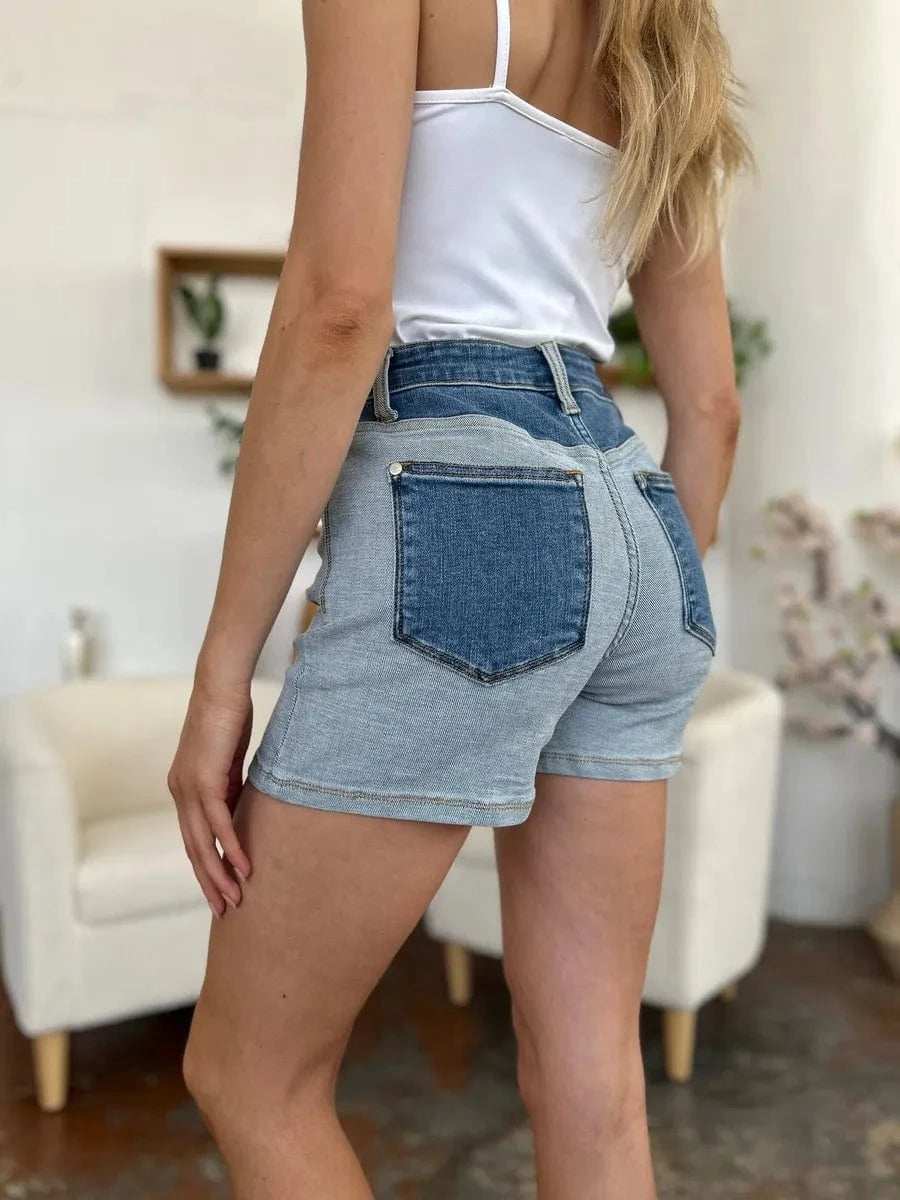 Judy Blue Full Size Color Block Denim Shorts - Trendsi - Flyclothing LLC