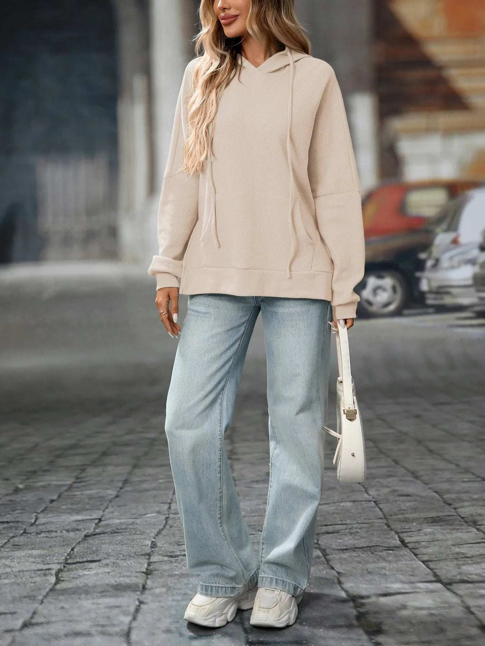 Textured Drawstring Long Sleeve Hoodie - Trendsi - Flyclothing LLC