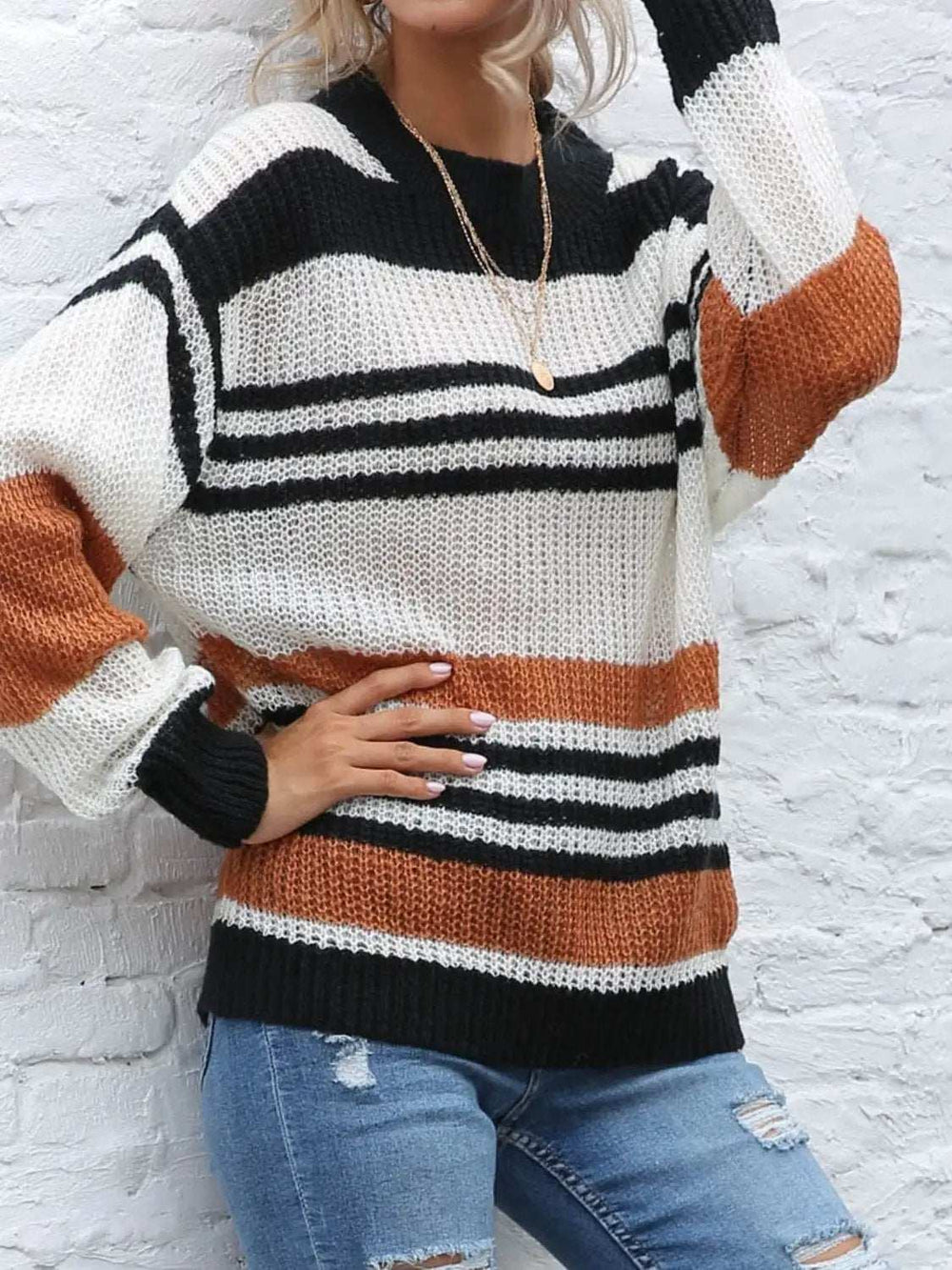 Contrast Striped Round Neck Long Sleeve Sweater - Trendsi - Flyclothing LLC