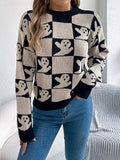 Halloween Ghost Pattern Checkered Round Neck Sweater - Trendsi - Flyclothing LLC