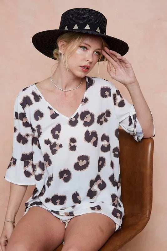 BiBi Leopard Printed V Neck Woven Top with Ruffled - Trendsi - Flyclothing LLC