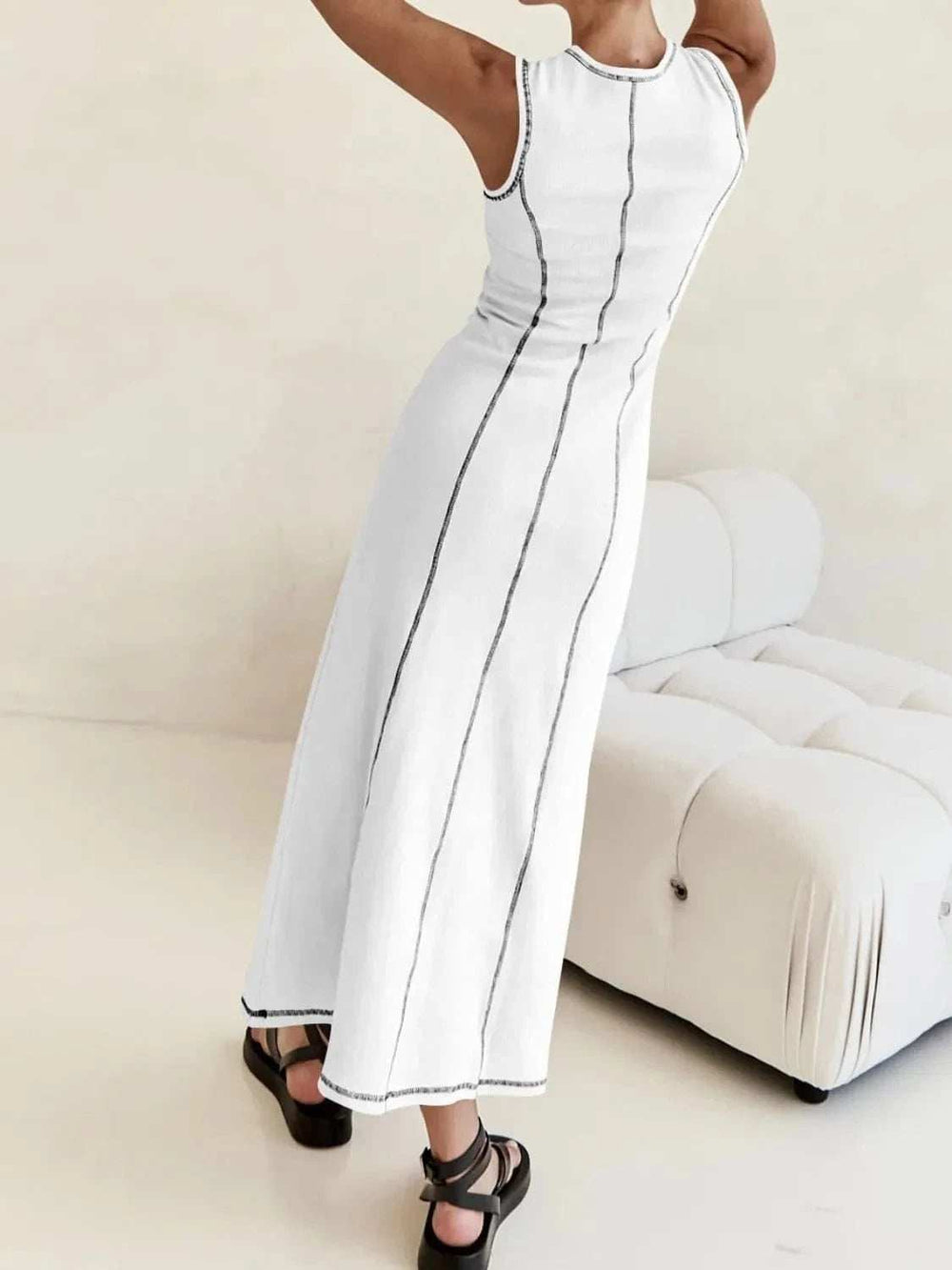 Contrast Stitching Round Neck Sleeveless Midi Dress - Trendsi - Flyclothing LLC