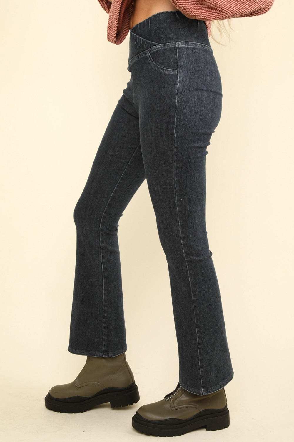 VERY J Washed Denim Stretchy Crossover Waist Leggings - Trendsi - Flyclothing LLC