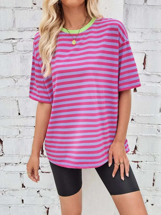 Contrast Striped Round Neck T-Shirt - Trendsi - Flyclothing LLC