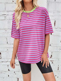Contrast Striped Round Neck T-Shirt - Trendsi - Flyclothing LLC
