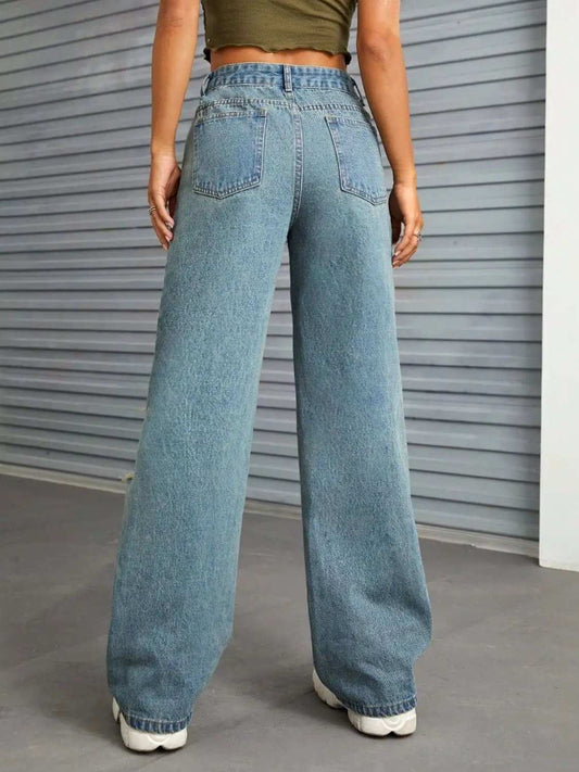 Distressed Wide Leg Jeans with Pockets - Trendsi - Flyclothing LLC