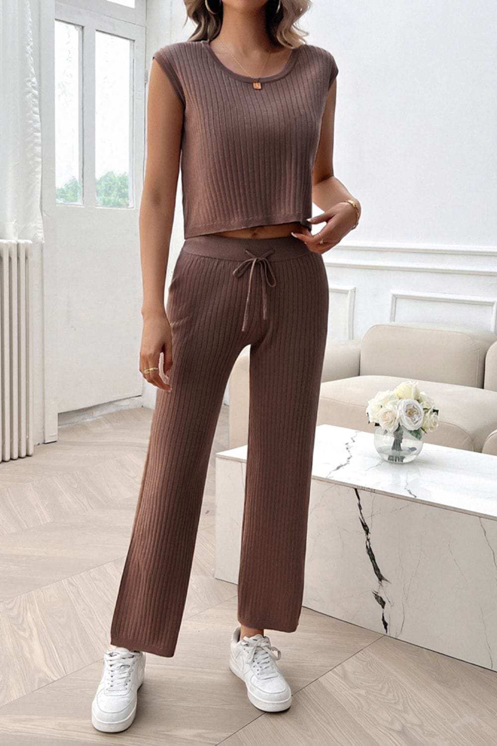 Ribbed Round Neck Top and Pants Set - Trendsi - Flyclothing LLC