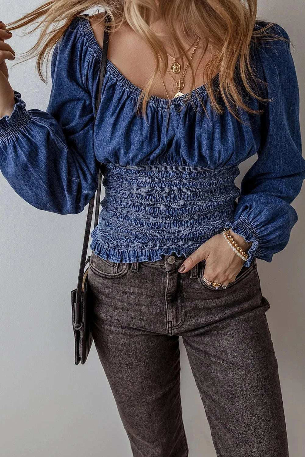 Smocked Long Sleeve Denim Top - Trendsi - Flyclothing LLC