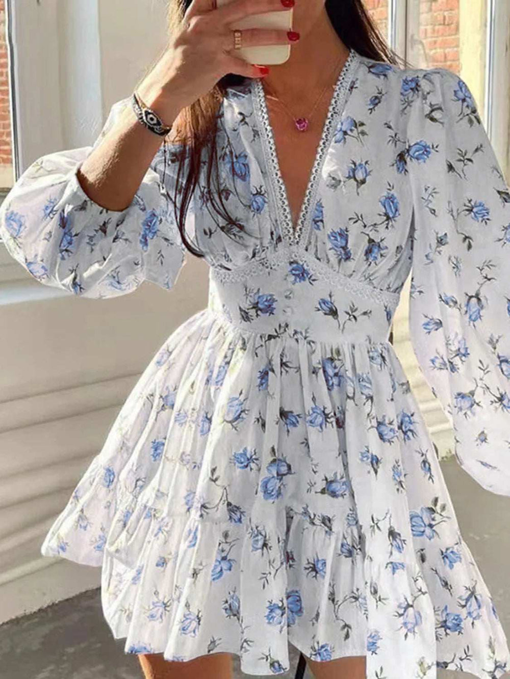 Lace Detail V-Neck Balloon Sleeve Dress - Trendsi - Flyclothing LLC