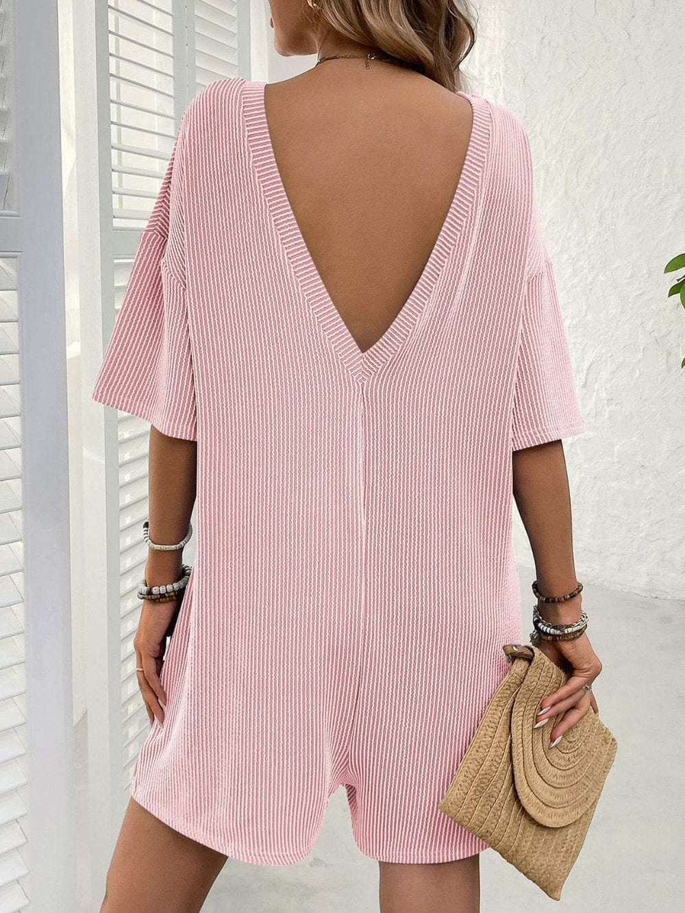 Backless Textured Round Neck Half Sleeve Romper - Trendsi - Flyclothing LLC