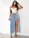 High Rise Slit Denim Skirt - Trendsi - Flyclothing LLC