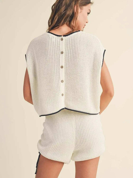 Contrast Trim Round Neck Top and Shorts Sweater Set - Trendsi - Flyclothing LLC